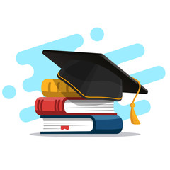 Black graduation cap on stack of books. Education and graduation concept. Vector illustration in flat style.