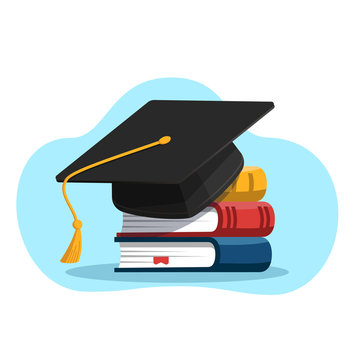 Black graduation cap on stack of books. Education and graduation concept. Vector illustration in flat style.