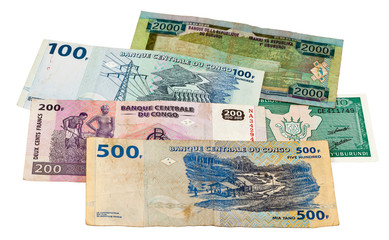 .Banknotes of the Congo and Burundi isolated on white background
