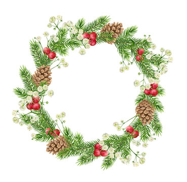 Watercolor Christmas wreath. Hand painted round frame with green fir branches, cones, red berries, small white flowers