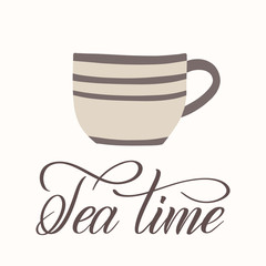 Cup and calligraphy sign Tea Time. Cozy home hand drawn illustration element. Isolated vector clipart.