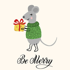Christmas and New Year greeting clipart with happy mouse, piece of cheese and Be Merry calligraphy lettering. Holiday cartoon vector illustration. Colorful funny hand drawn template.