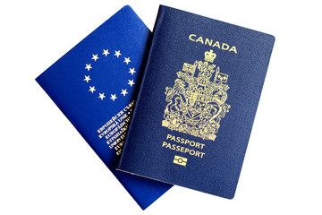 Isolated image of Canada and European Union passports.