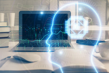 Double exposure of work table with computer and brain sketch hologram. Brainstorming concept.