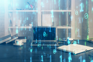 Technology theme drawing and work space with computer. Multi exposure. Concept of innovation.