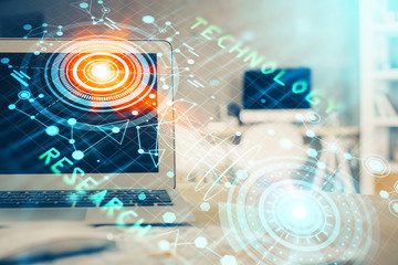 Technology theme drawing and table with computer. Multi exposure. Concept of information.
