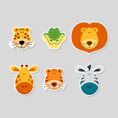Cute cartoon animal faces set. Stickers with funny characters. Leopard, crocodile, lion, giraffe, tiger and zebra. Flat vector illustration.