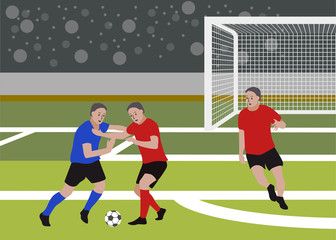 Soccer player and soccer football ball in area of soccer field. Vector Illustration
