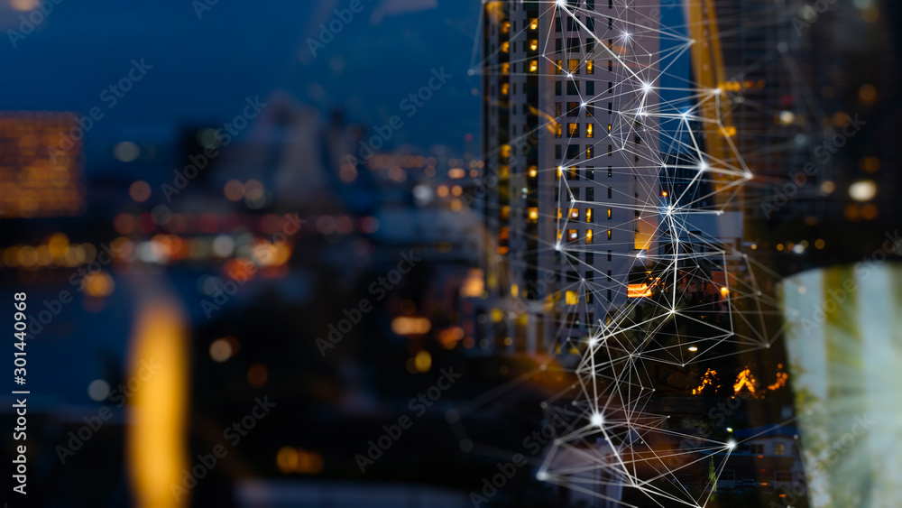 Poster Wireless network and Connection technology concept with Abstract buildings and city background