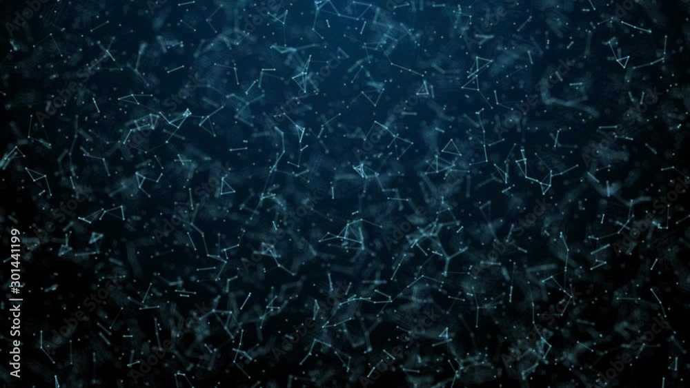 Wall mural 3d abstract blue geometry flying wireframe network and connecting dot space on black background. sec