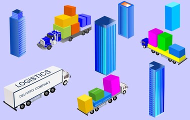 isometric city buildings and isometric trucks, consept vector illustration.