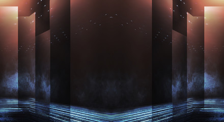 Background of empty stage show. Neon light and laser show. Laser futuristic shapes on a dark background. Abstract dark background with neon glow.