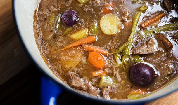 Homemade Beef Stew In An Enameled Cast Iron Dutch Oven. 