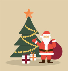 Santa Claus with a bag of gifts and Christmas tree. Vector illustration in a flat style.
