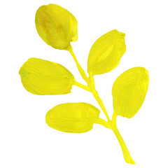 Hand drawn yellow tree branch with leaves isolated. Autumn and summer. Nature and ecology. Watercolor and gouache drawing. Botanical sketch. For postcards, scrapbooking, prints and patterns