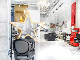 Chairs in a retro beauty salon. Hair salon and make up store, barber shop and manicure interior business