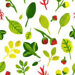 spring summer green yellow leaves red berries seamless pattern