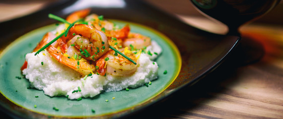 Shrimp and grits with chives