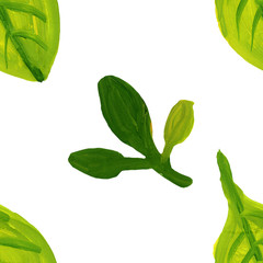 Hand drawn green leaves. White background. Autumn, spring and summer. Watercolor and gouache. Botanical sketch. Seamless pattern. For postcards, wallpaper, scrapbooking, wrapping paper and textile