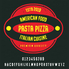Hand drawn pasta and pizza menu for bars font. Delicious food from Italy, spaghetti, pizza cheese wine inspired typeface. Textured unique brush script style alphabet. Letters and numbers. Vector
