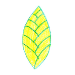 Botanical sketch. Simple illustration. Hand drawn with colored pencils. Green and yellow leaf. Isolated on white background. Nature and ecology. For postcards, wrapping paper, wallpaper and textile