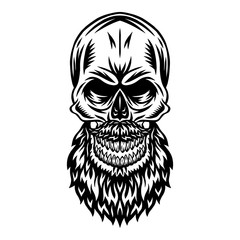 Vintage retro human skull with mustache beard isolated vector illustration on a white background. Design element.