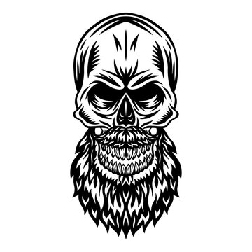 Vintage retro human skull with mustache beard isolated vector illustration on a white background. Design element.