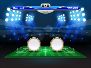 Football cup or World championship sport event, Soccer mock-up and scoreboard match vs strategy broadcast graphic template, For presentation score or game results.