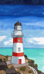 Fototapeta premium Hand drawn lighthouse. Urban watercolor sketch. Summer maritime landscape.Sea view, yacht and blue sky. Green bushes. For post card, print and poster. Cell phone background. Navigation building