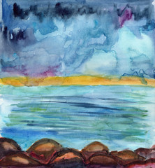 Hand drawn seascape watercolor painting. Landscape with rocks and green plants. Sketch style. Summer drawing. Blue and yellow sun set sky. Promenade. For post cards and prints. Pastel colors