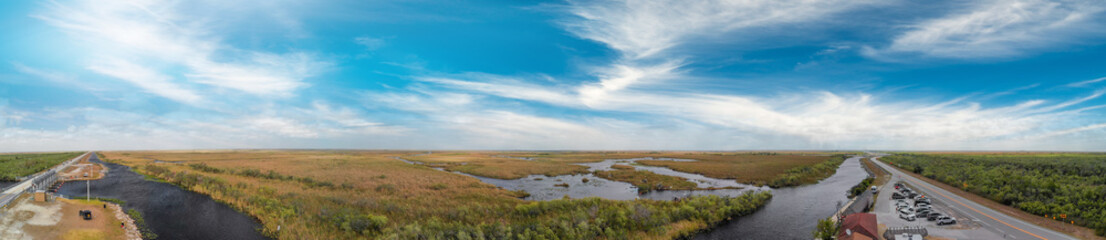 Aerial view of the Everglades National Park, Florida, United States. Swamp and wetlands on a beautiful day