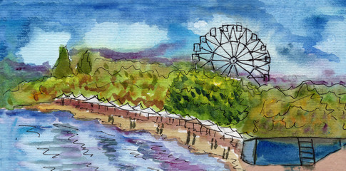 Hand drawn landscape watercolor sketch. Summer or autumn. Blue cloudy sky. Green trees. Street and outdoors. Sea, beach and promenade. Ferris circle. Amusement park or fair in garden. Town or city