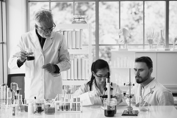 Scientists are working in science labs.Close-up of a scientistYoung female scientist looking through a microscope in a laboratory doing research