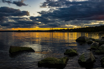 Sunset boulders beach landscape. Rocky boulders beach sunset view. Sunset boulders beach panorama. Sunset boulders beach view