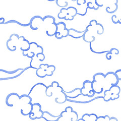 Watercolor painting seamless abstract blue background with clouds. oriental style