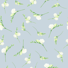 Watercolor seamless pattern with white freesias. For design textile and cards
