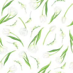 Watercolor seamless pattern with white tulips and freesias. For design textile and cards