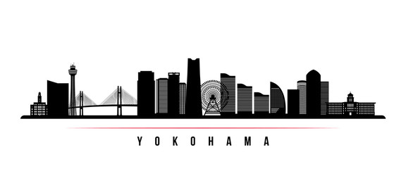 Yokohama skyline horizontal banner. Black and white silhouette of Buenos Yokohama, Japan. Vector template for your design. - obrazy, fototapety, plakaty