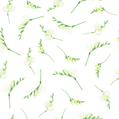 Watercolor seamless pattern with white freesias. For design textile and cards