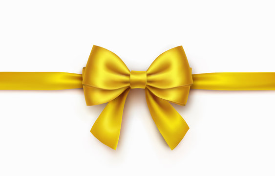 Bow isolated on white background. Vector Christmas gold satin ribbon, xmas golden wrap element template.