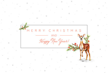 Christmas Greeting Card with Thin Frame, Fir Branches , Holly Berries and Spotted Deer Decoration. Holidays Congratulation Text