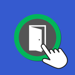 White open door icon. Exit, solution concept. Hand Mouse Cursor Clicks the Button.