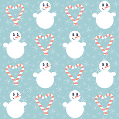 Christmas pattern. Seamless vector illustration with snowman and heart-shaped candies