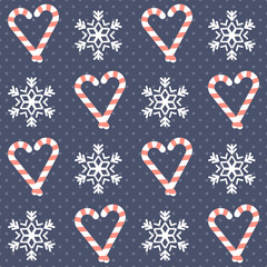 Christmas pattern. Seamless vector illustration with heart-shaped candy canes and snowflakes © lenalanette