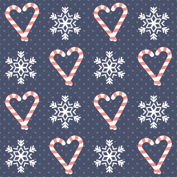 Christmas pattern. Seamless vector illustration with heart-shaped candy canes and snowflakes