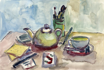 Hand drawn watercolor sketch. Handpainted illustration with tea and ceramic cup and teapot. Education and stationery supplies. Pencils and  brushes. Paper sheets. Artistic stuff. For postcards, poster