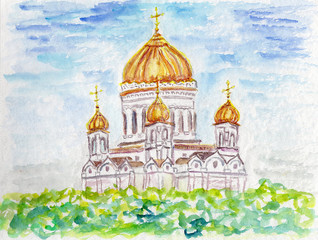 Fototapeta premium ussian Orthodox Church Christ the Savior Cathedral watercolor landscape blue sky summer green trees