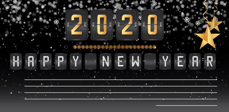 Happy New Year Card With Shiny Gold Effect, Falling Snowflakes And Golden Stars. Airport Flip Board Style Panel Realistic Vector Score Board With Mechanical Sign Messages. Room For Text With Wishes.