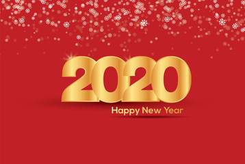 Fototapeta na wymiar 2020 Happy New Year design, with gold colors against red background with snowflakes. Creative design that can be edited easily as needed. Seasonal holidays flyers, greetings, invitations, and cards.