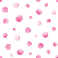 Seamless pink watercolor pattern on white background. Watercolor seamless pattern with dots and circles.